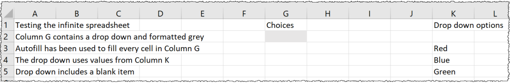 A single column sheet. Column G contains an in-cell drop down with 4 options.